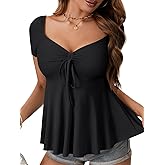 Rooscier Women's Ribbed Knit Sweetheart Neck Drawstring Ruffle Short Sleeve T Shirt Tops