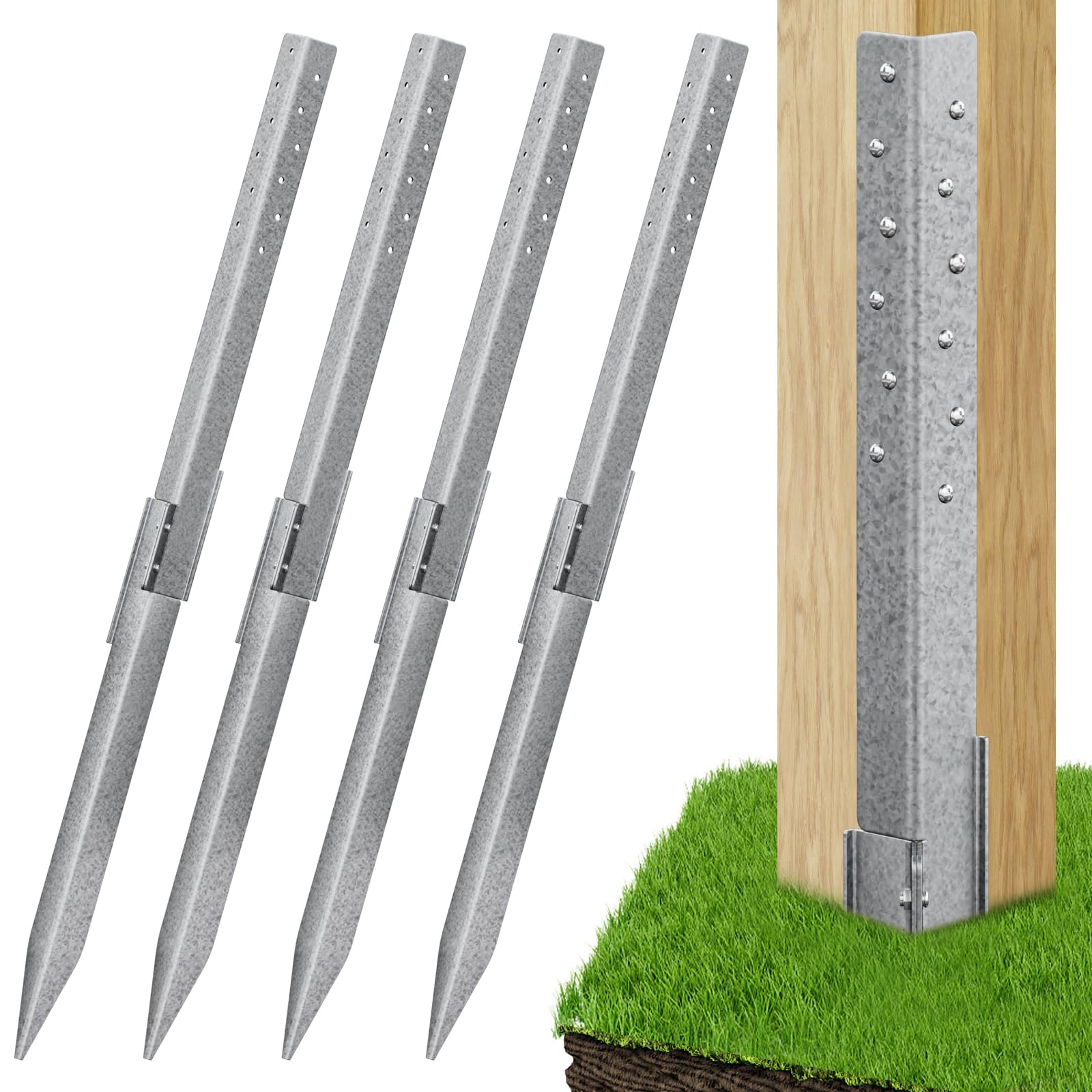 4 Pack Fence Post Repair - Fence Post Anchor Ground Spike for Repair Tilted/Broken Wood Fence Post, Easy to Install & Double Firm