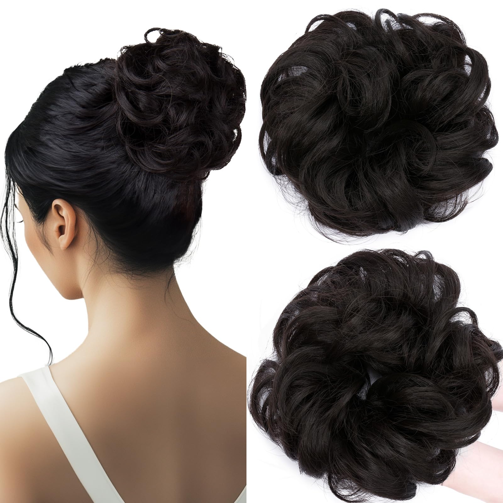 SEGOHAIR Messy Bun Hair Piece Fake Hair Bun Hair Scrunchies Bun - Lightweight 25g Synthetic Hair Bun Piece for Women, Black Brown Curly Wavy Elastic updo Scrunchy Bun
