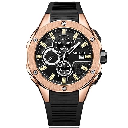 MEGIR Mens Chronograph Quartz Wrist Watches Silicone Army Sports Stop Watch for Man Rose Gold