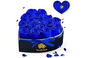 Vryblos Forever Blue Roses in a Box Heart Shaped 16 Preserved Flowers for Delivery Grade A Quality 100% Real Immortal Flower Eternal Birthday for Her Mom Women Wife Girlfriends (Heart-Blue)