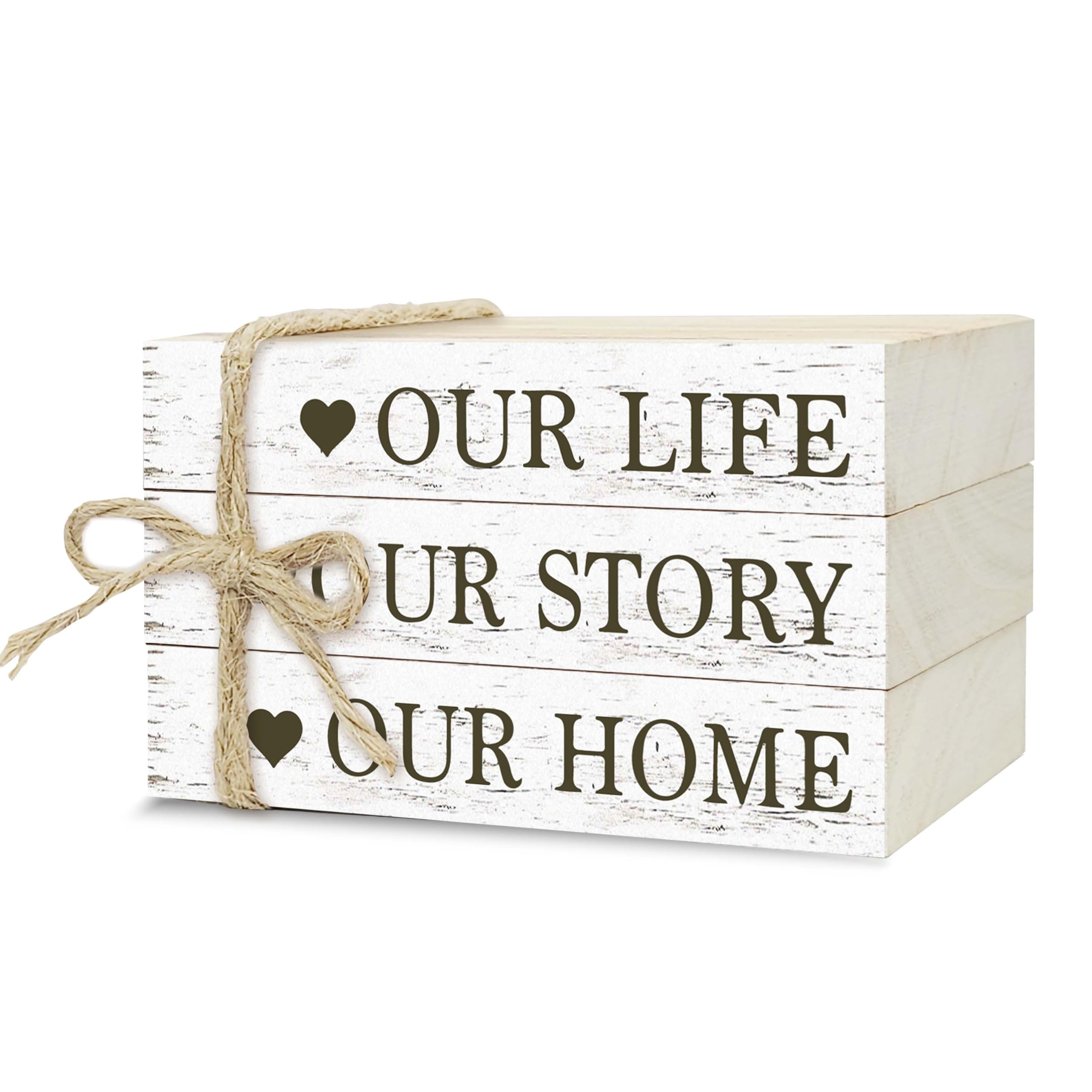 Photo 1 of Decorative Books for Home Decor, Rustic Wood Book Stack for Table Decor, Our Life Our Story Our Home Decor Books for Living Room Bookshelf, Farmhouse Stacked Books Decor (L17)