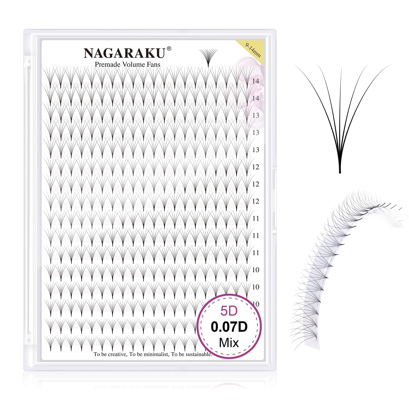 NAGARAKU Eyelash Extensions 320 Clusters Premade Fans Russian Volume Long Stem Premade Fans Thin Pointy Base Natural Pre Fanned Fluffy False Eyelash Black 16 Rows (5D 0.07 D Curl 9-14mm Mix Tray)