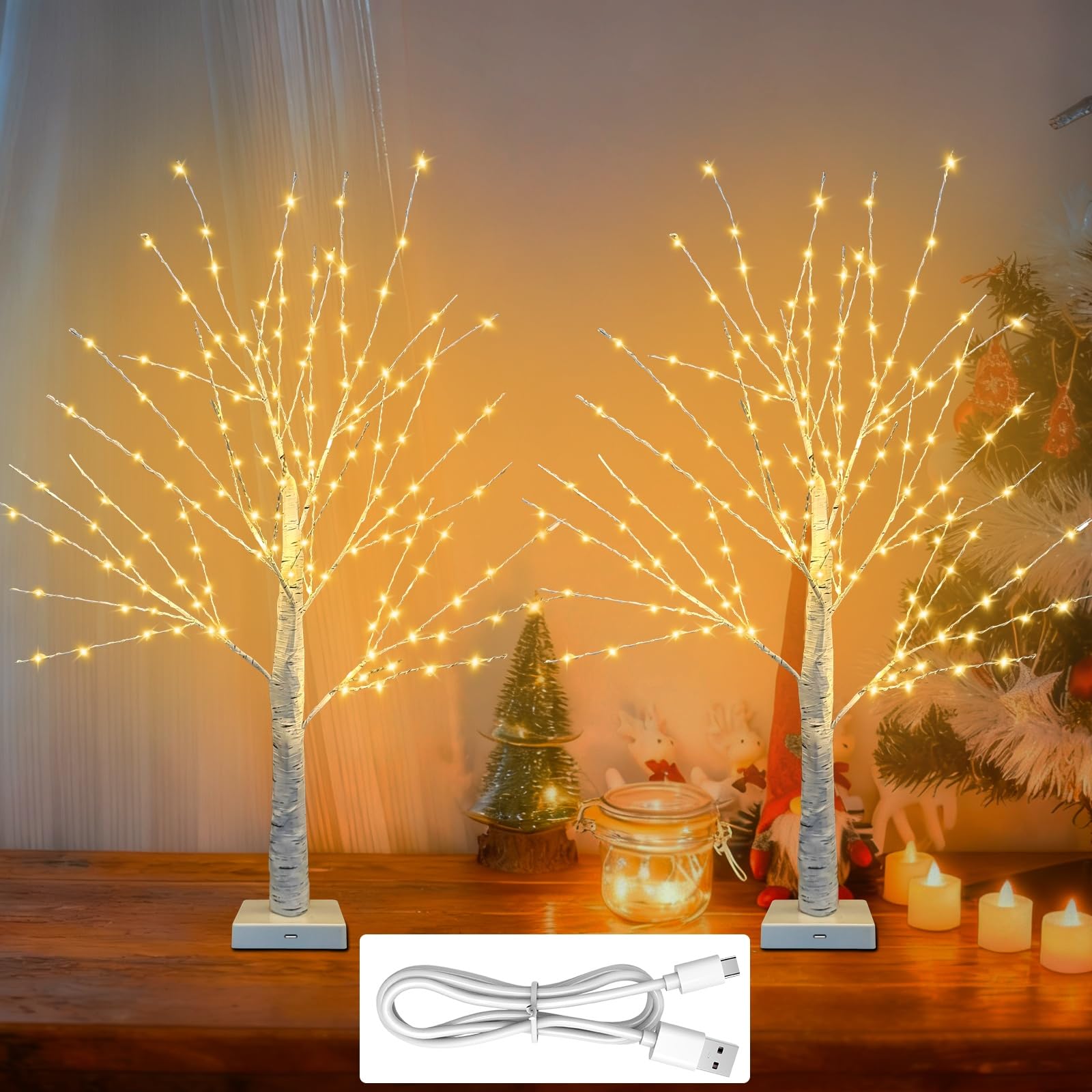 Photo 1 of 24 Inch Birch Tree with 144 LED Lights for Christmas Decorations Indoor, USB/Battery Powered, Timer, Warm White Twinkling Christmas Trees, Lighted Birch Tree for Tabletop Home Decor (2 Pack)