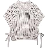 GORGLITTER Women's Side Tie Crochet Cropped Sweater Hollow Out Short Dolman Sleeve Crew Neck Open Knit Tops