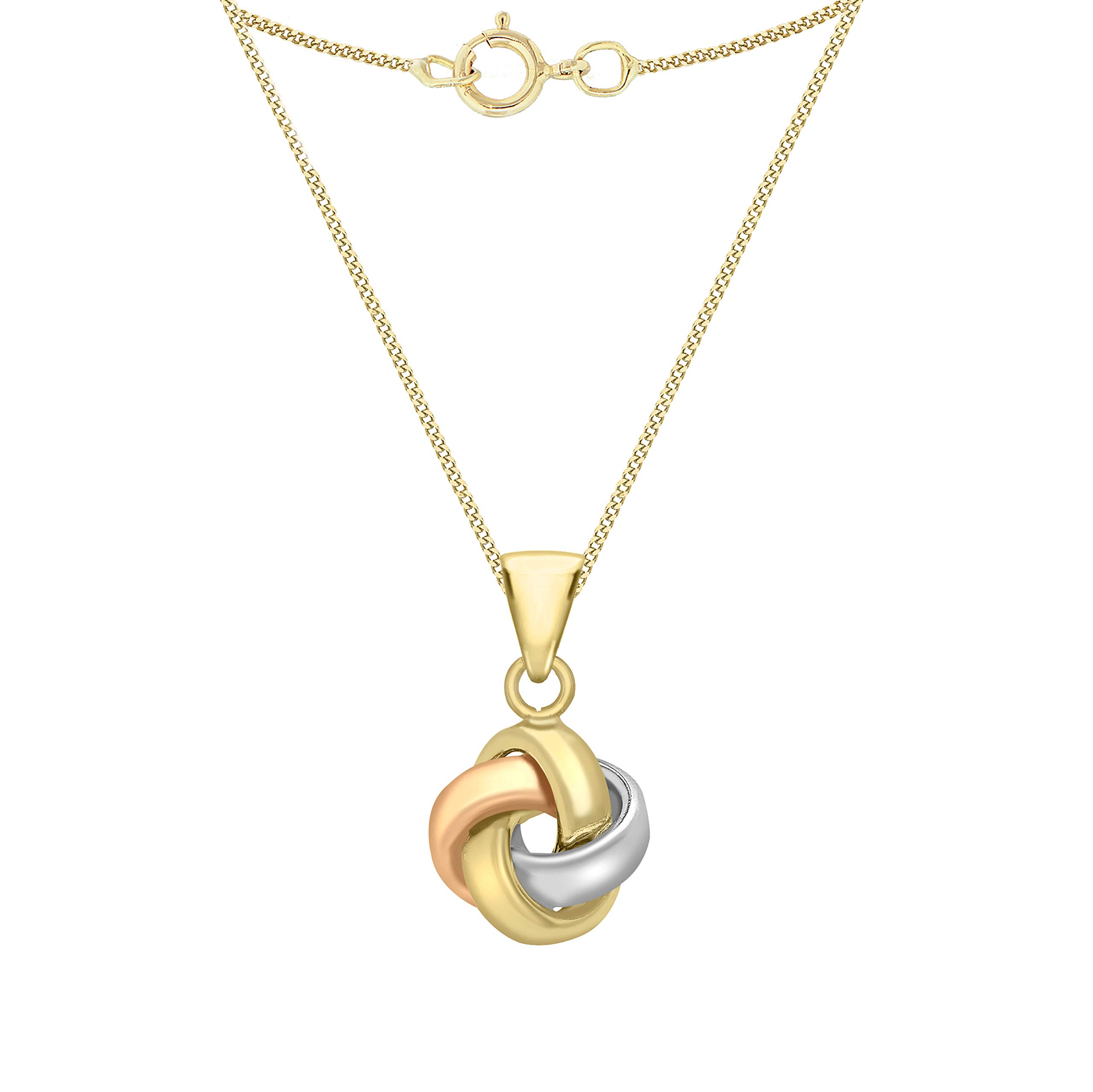CARISSIMA Women's 9 ct 3 Colour Gold Polished 4 Way Knot Pendant on Curb Chain of Length 46 cm/18 inch