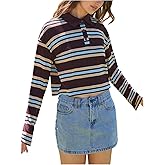 MakeMeChic Women's Striped Rugby Shirt Long Sleeve Collared Vintage Preppy Tee Crop Tops
