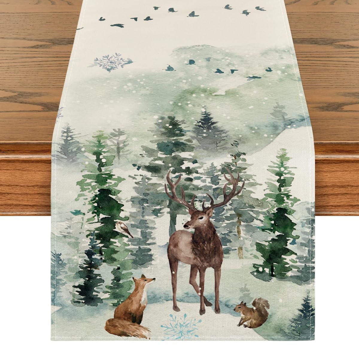 Artoid Mode Deer Fox Pine Trees Snow Christmas Table Runner, Seasonal Winter Xmas Kitchen Dining Table Decoration for Home Party Decor 40x140 cm