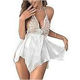 OYOANGLE Women's Sex Mesh Sheer Babydoll Lingerie Set Butterfly Halter Split Mini Chemise Lace Trim Lingerie Nightdress