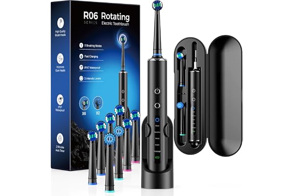 Rtauys Rotating Electric Toothbrush for Adults and Kids (Black) | 50,000VPM, 8 Brush Heads, 120-Day Battery, Travel Case, 5 M