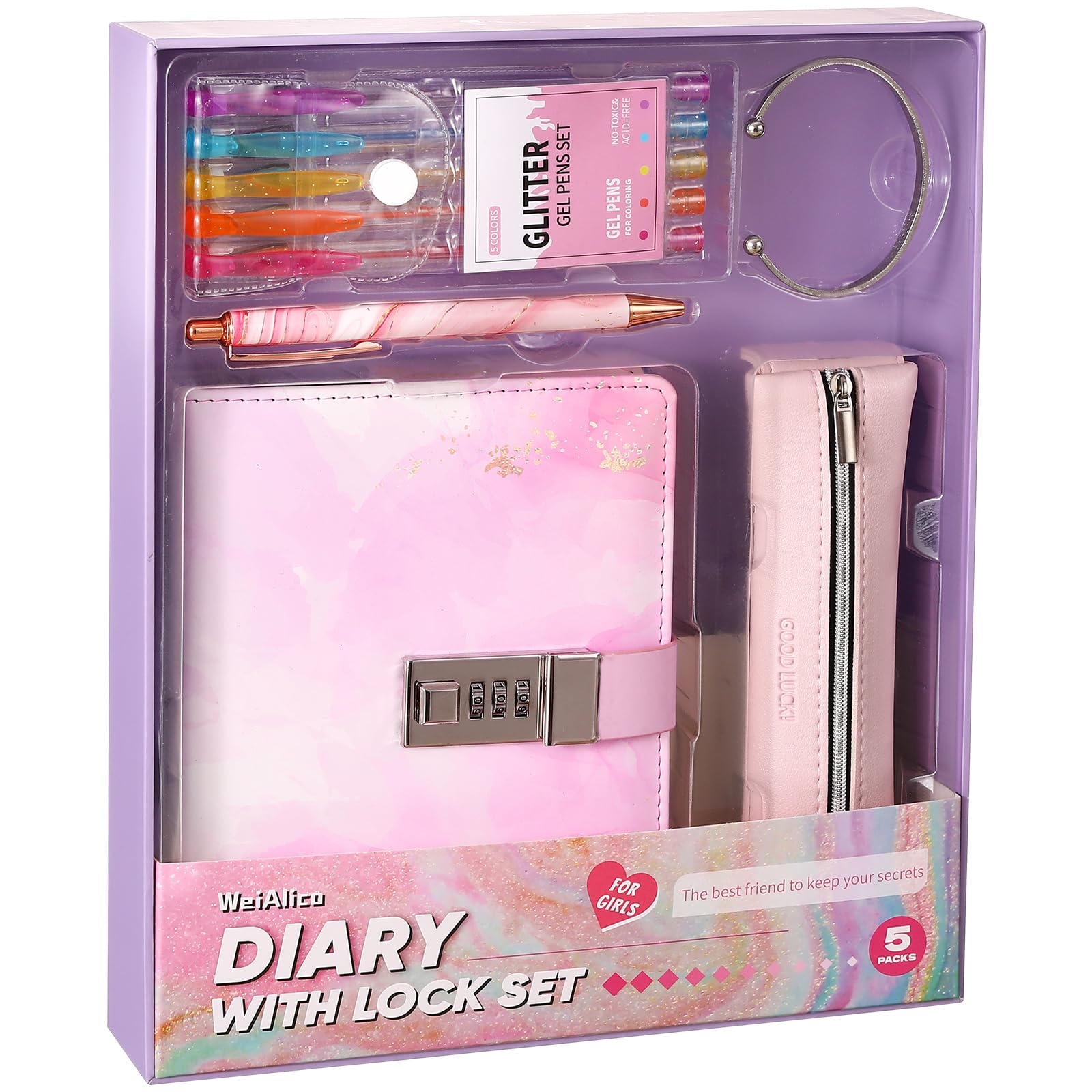 Secret Diary with Lock for Girls, 256 Pages Locking Diary with Pen, Kids Journal with Lock for Teens, Journals Set for Teen Girls, Birthday Gift Ideas for Girl Ages 8-12(Pink Violet Watercolor)