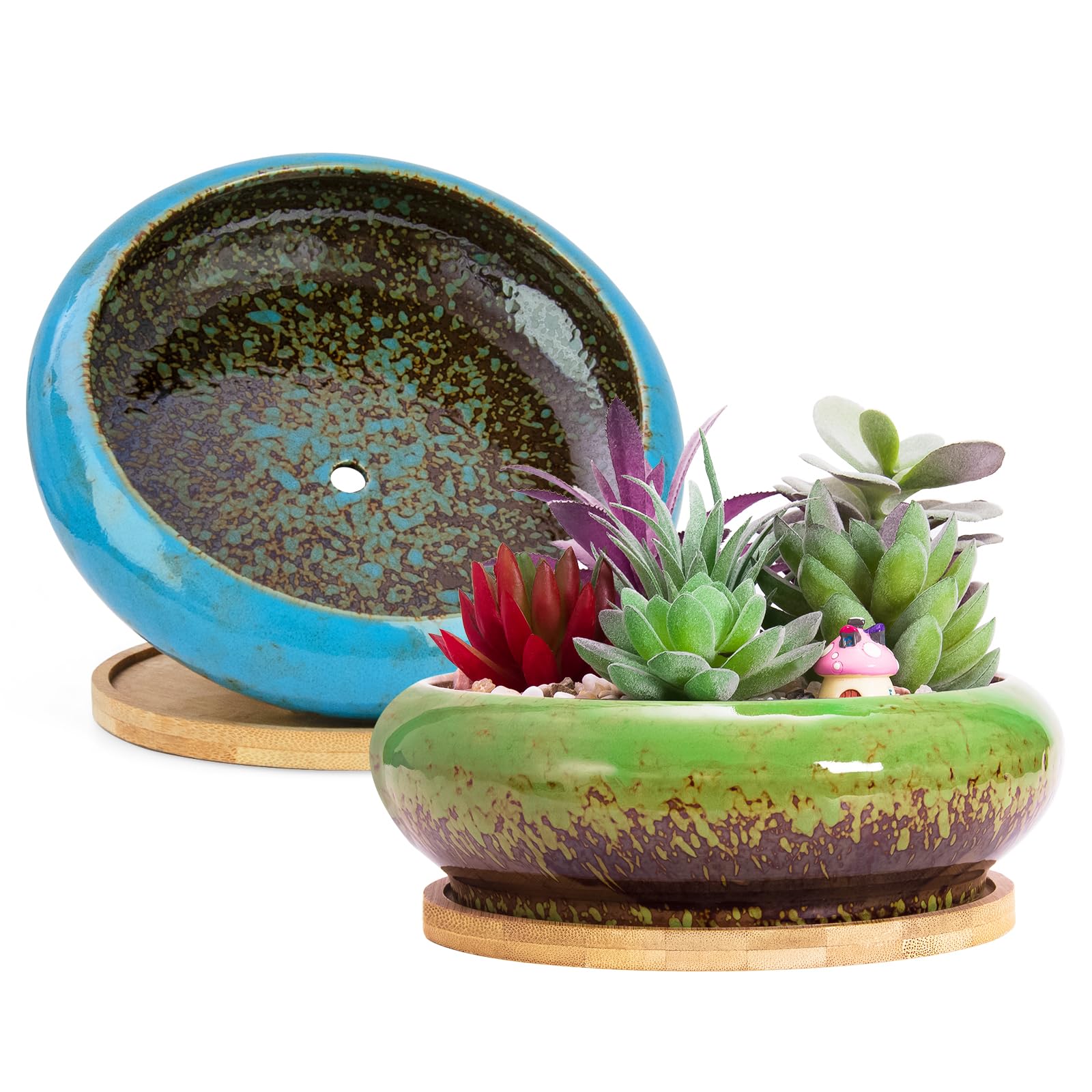 ARTKETTY Succulent Plant Pots, 2 PCS Large Bonsai Pot with Trays, Shallow Plant Pot Ceramic Pots for Indoor Cactus Flower Plants Decorative Garden Home Office