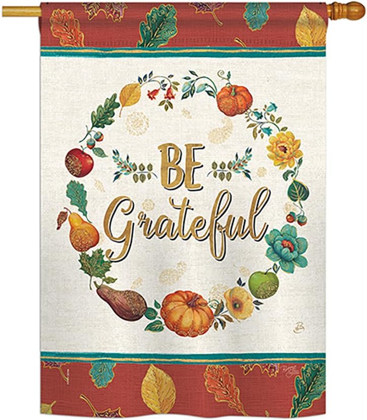 Breeze Decor H113071 Be Grateful Fall Thanksgiving Decorative Vertical House Flag, 28" x 40", Multicolor