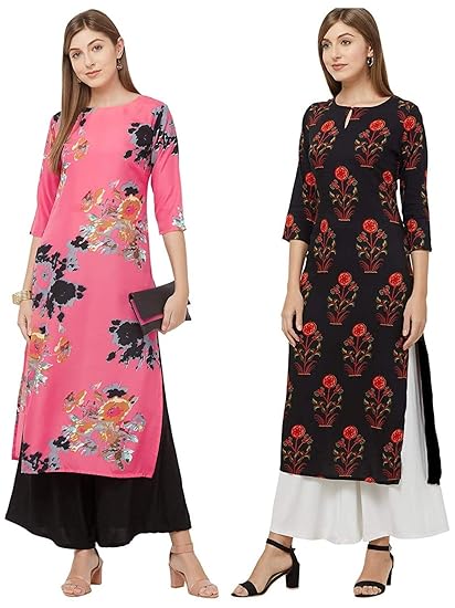 Womens Multicolor Printed Straight Kurta Pack of 02 (Dabba-Pink & GUL-Black)