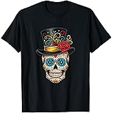 Sugar Skull Top Hat Rose Dia de Los Muertos Halloween T-Shirt