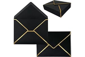 SYLROAL 50 Pack 5x7 Envelopes for Invitations with Gold Border, Self Adhesive A7 Envelopes with V-Flap for Greeting Cards Gift Cards, Invitation Envelopes for Wedding, Graduation, Baby Shower, Party (Black)