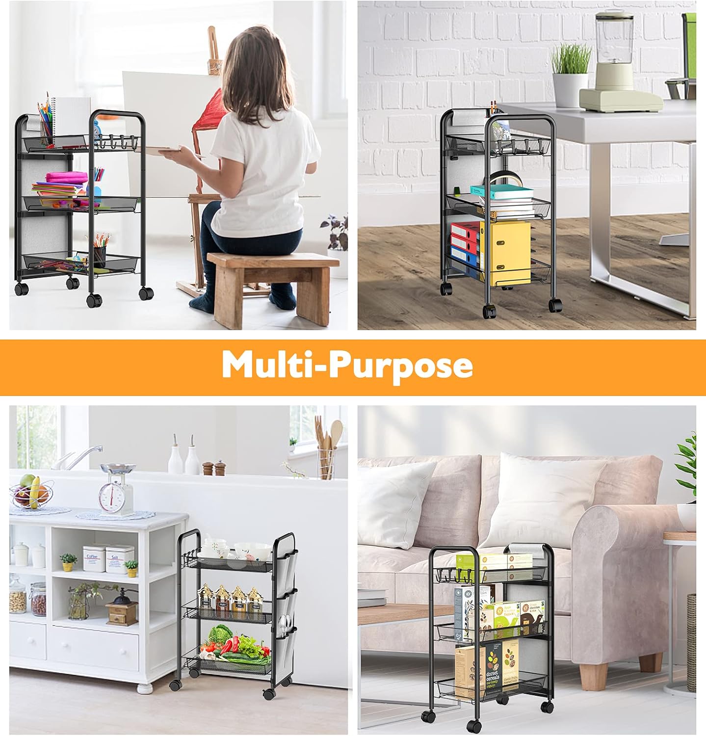 Utility Cart, YASONIC 3-Tier Rolling Cart with Storage Bag, Multifunction Metal Mesh Wire Organizer Trolley with 2 Lockable Wheels for Office Kitchen Bedroom Bathroom (Black): Kitchen & Dining