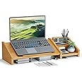 Ufine Bamboo Laptop Stand for Desk 3 Heights Adjustable Notebook Stand Computer Monitor Riser with 2 Tier Storage Shelf, Desktop Organizer Printer Stand for Home Office