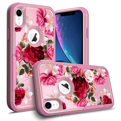 STORM BUY Compatible for Apple iPhone XR Case, Pink Cute Women Girls  Heavy Duty Armor Red Rose Floral Shockproof Protective Hard Phone Cases 
