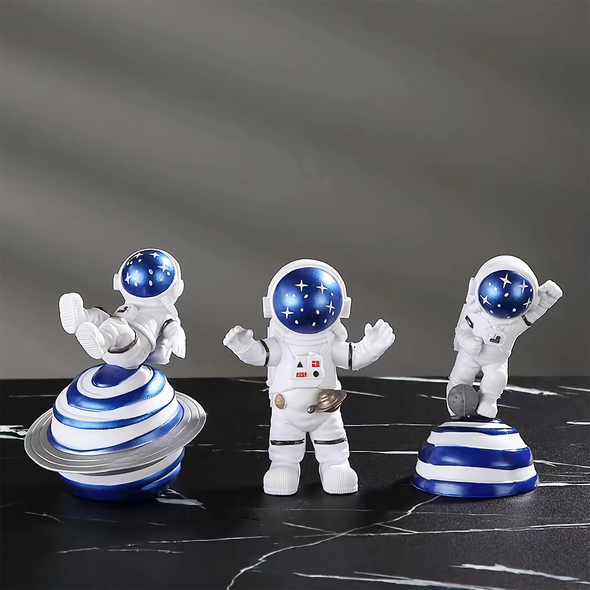 Photo 1 of Ni-JASW Blue Astronaut Statues Set of 3, Outer Space Theme Figurines Planet Nursery Classroom Bedroom Decor Cake Toppers