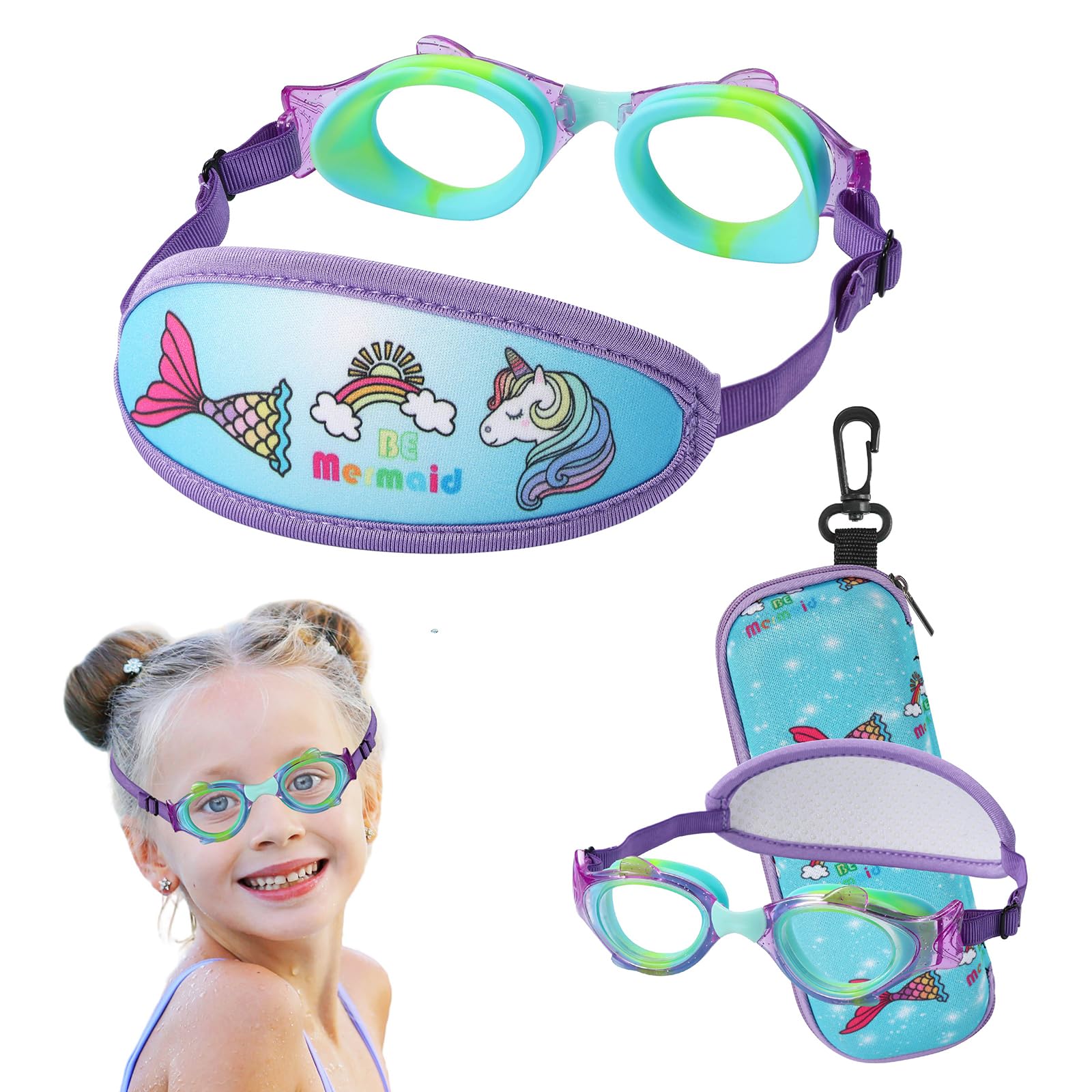 RUIGAO Kids Swimming Goggles Fabric Strap Age 4-7, Toddler Goggles No Hair Pull Bungee Strap/UV Protection/Anti Fog (1PK Fish Bungee - Blue Mermaid)