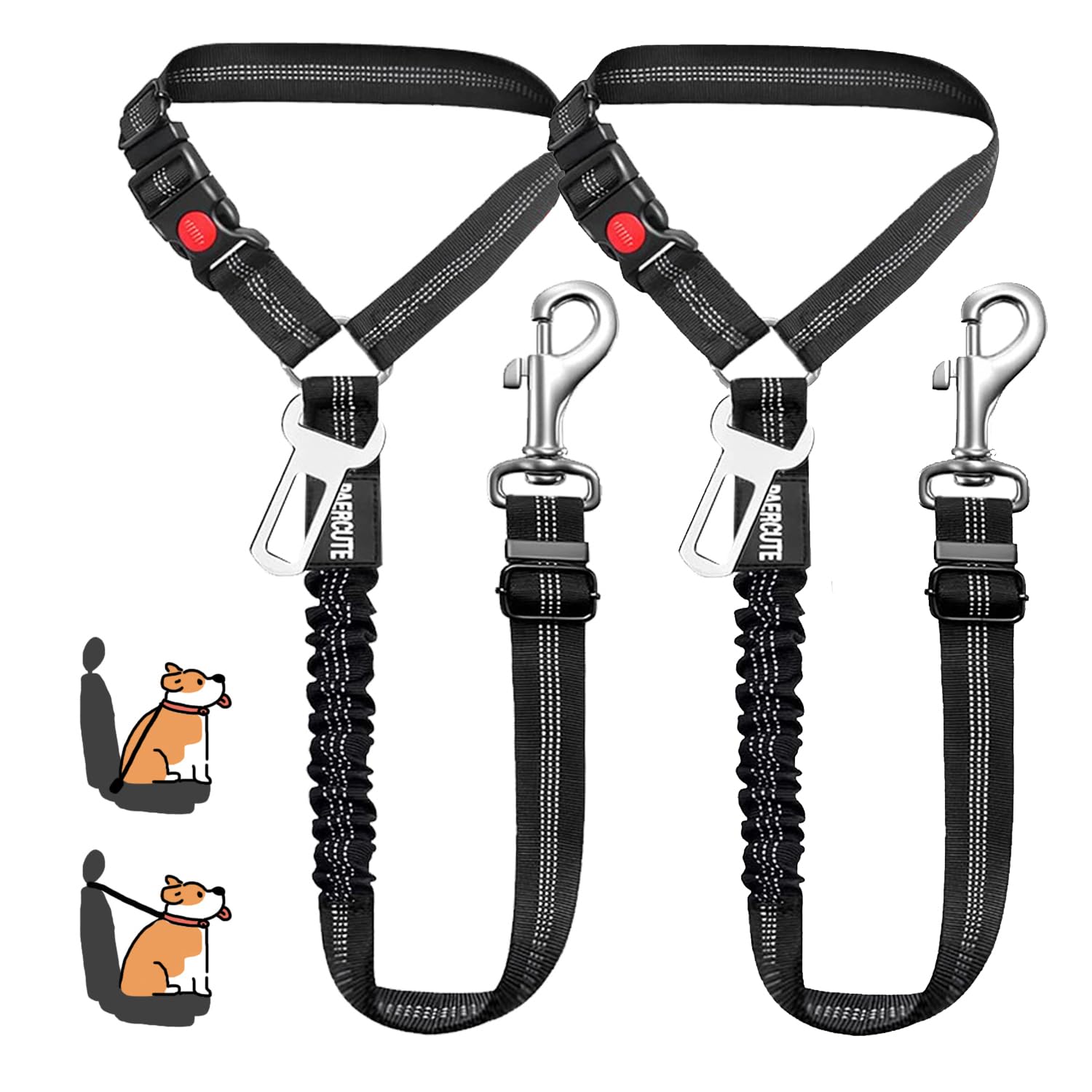 MOLHEM 2 Pack Pet Dogs Seat Belt for Car, Adjustable Safety Elastic Lead Harness for Cars, Anti Shock Elasticated Cushioned Leash (Black)
