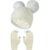 SATINIOR 2 Pieces Womens Winter Beanie Hat Satin Lined Knitted Pompom Beanie Hat Touchscreen Gloves Soft Warm Set for Women(Grey White)