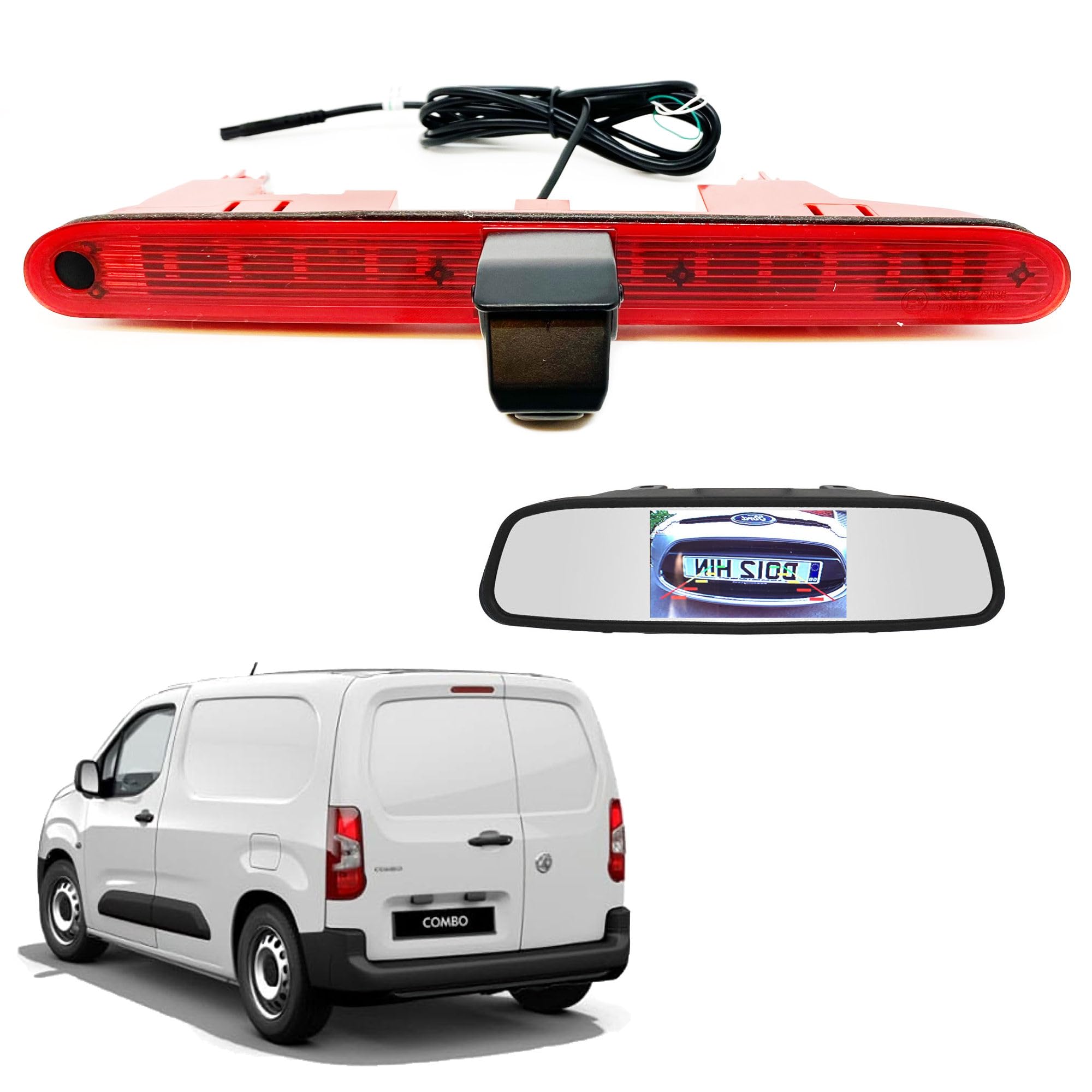 Dolphin Automotive Van Rear Brake Light Reversing Camera fits Vauxhall Combo E 2019+ and Fiat Doblo 2022+ with Waterjet Nozzle (Camera with 4.3" Mirror Monitor)