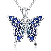 Zorlioy Diamond Blue Butterfly Necklace for Women 925 Sterling Silver Lab Grown Diamond Sparkly Butterfly Pendant Necklace Jewelry Gifts for Women