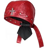 Women's Leather Biker Cap Adjustable Motorcycle Hat for Women Skull Cap Head Wrap Bandana Red