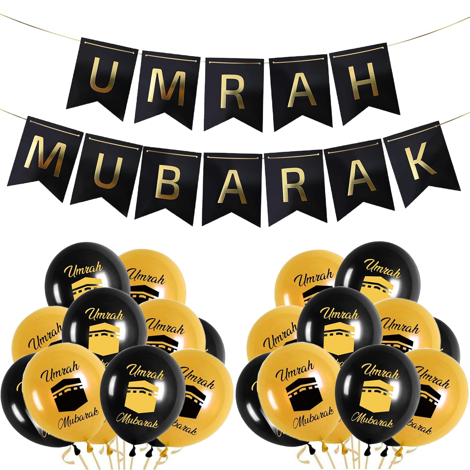 Umrah Mubarak Decoration Set, Black Gold Umrah Mubarak Banner and 10 Pcs Umrah Mubarak Balloons, Eid Ramadan Decorations, Muslim Ramadan Party Supplies