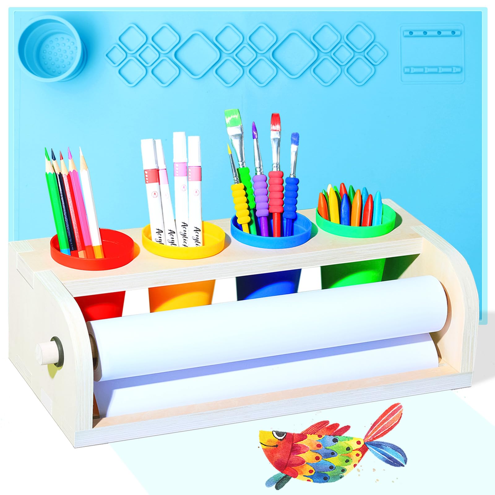 Arfetigo Kids' Tabletop Paper Roll Dispenser, Kids Art Easel, Easel for Kids, Kid's Desktop Painting Set, Table Premium Set (Blue)