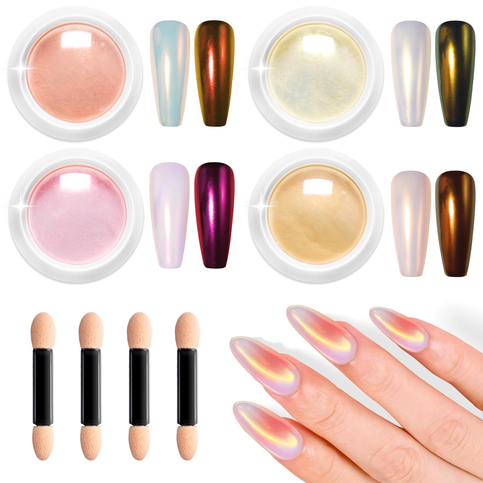 BISHENGYF Pearl Chrome Nail Powder - Super Sheer White Holo Glazed Donut Chrome Powder Set Clear Aurora Mermaid Nail Glitter Powder for Nail Art Design Decoration