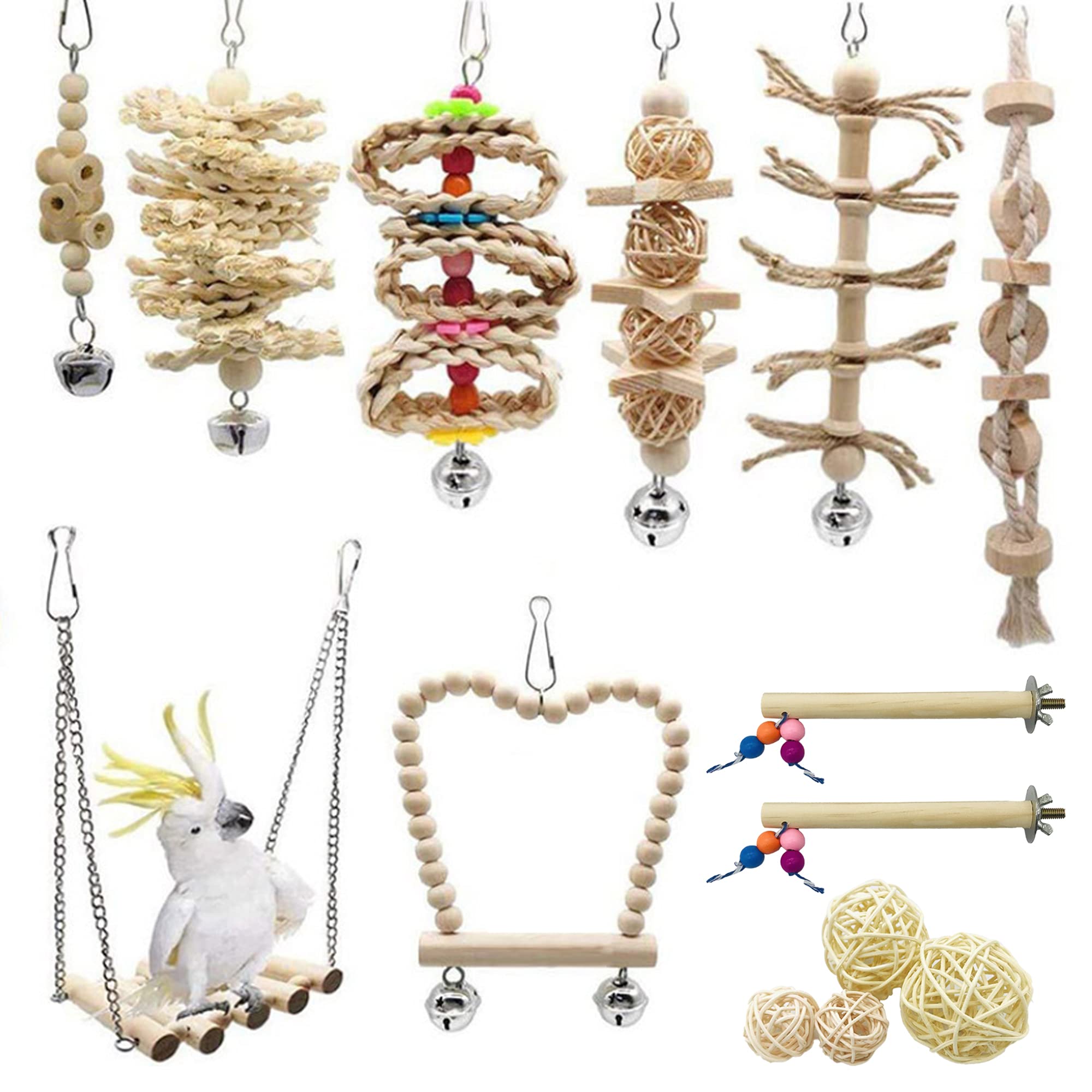 Allazone Bird Toys: 18 PCS Parrot Perch Transitional Hammock Swing, Wooden Chewing Toy for Conures, Love Birds, Small Parakeets, Cockatiels, Macaws