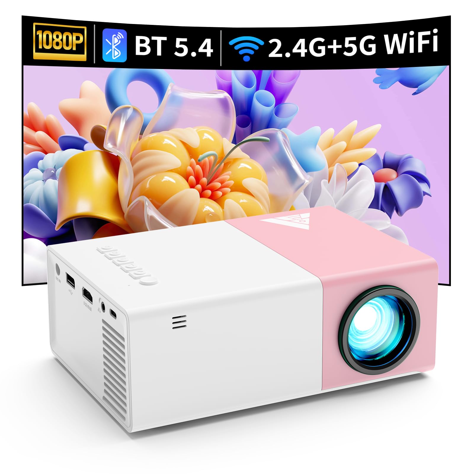 Photo 1 of KHQ Mini Projector with Wifi Portable Projectors Support 1080P 200" Mini HD Movie Projector, Outdoor Projectors Compatible with Phone/ Tablet/ Laptop/ TV Stick/ HDMI/ USB - Pink White