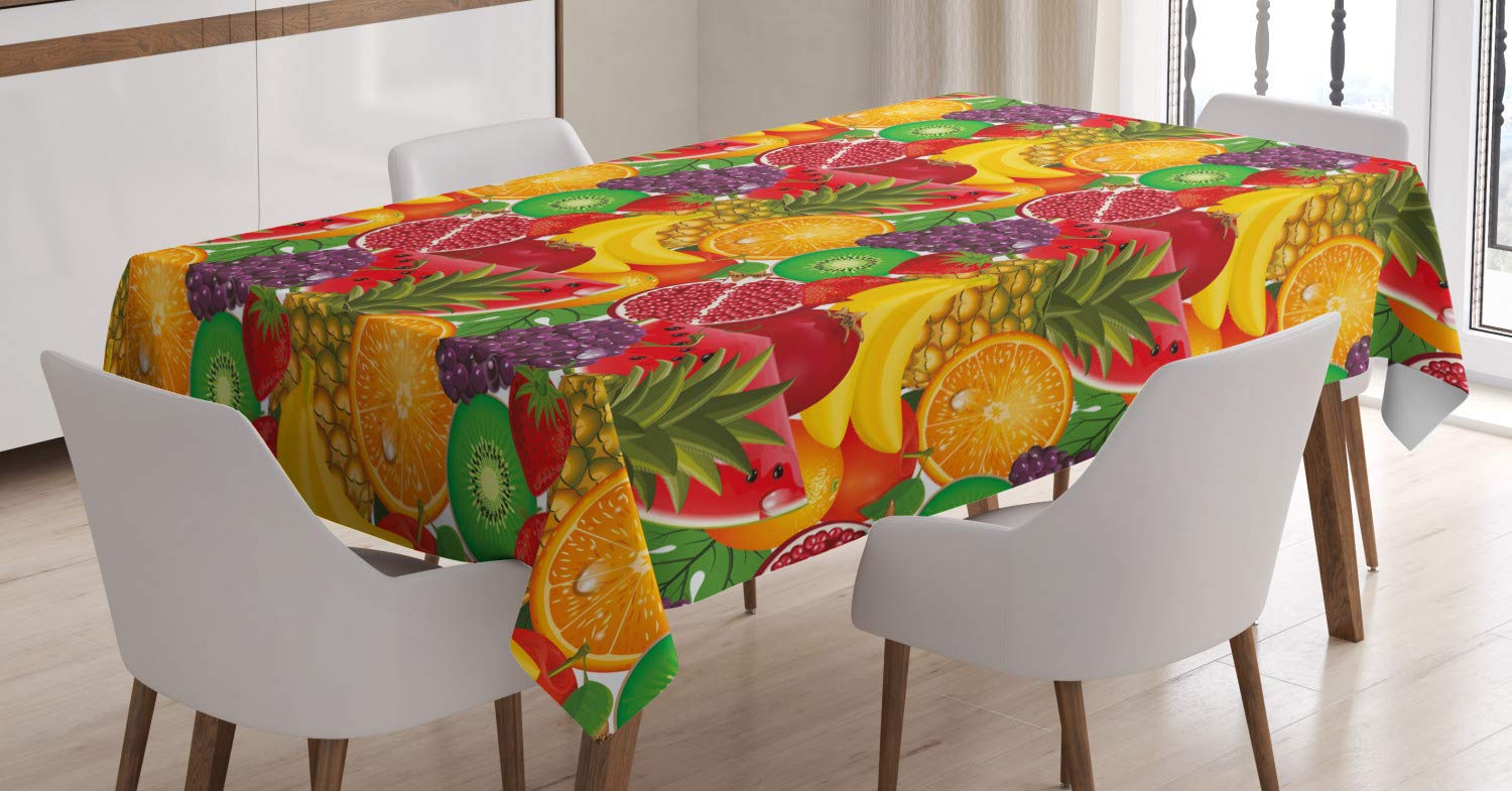 ABAKUHAUS Colorful Tablecloth, Exotic Tropical Fresh Ripe Juicy Fruits Pineapple Berries Watermelon Grape Orange, Dining Room Kitchen Table Cover, 54" x 78", Red Green Yellow
