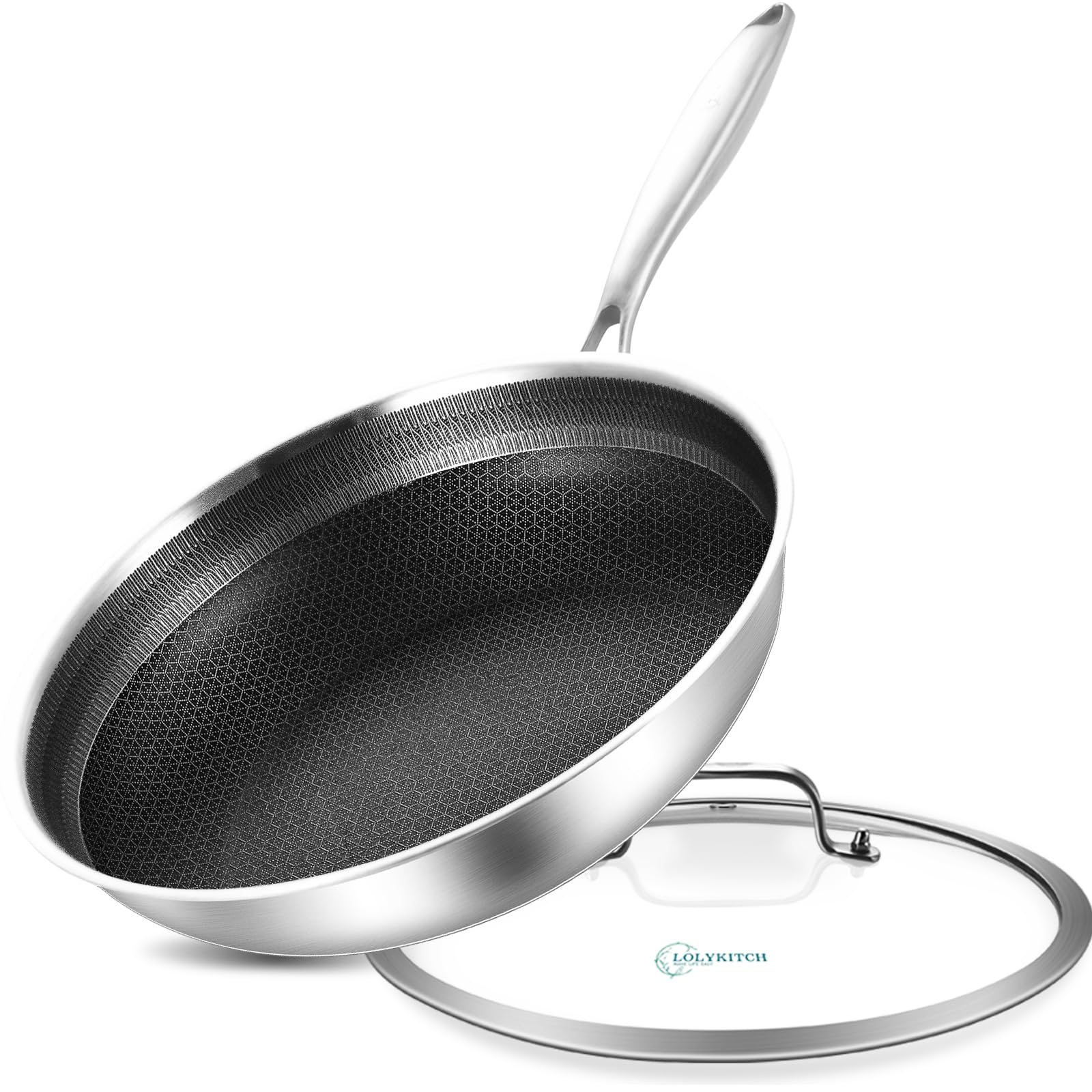 Photo 1 of LOLYKITCH 10 In Hybrid Nonstick Stainless Steel Sauté Pan with Lid,Deep Frying Pan,Skillet,Induction Pan,Heavy Duty and Oven Safe,Detachable Handle.