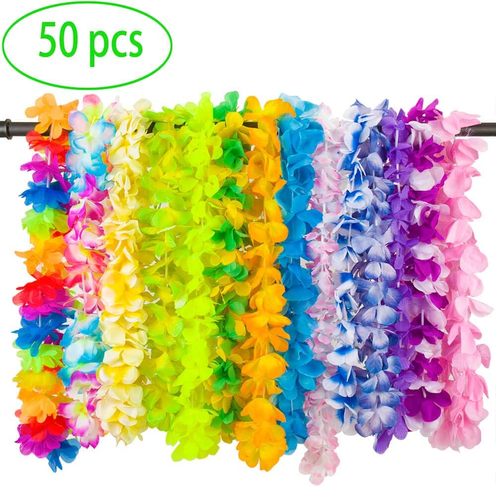 LongSky Hawaiian Leis 50 Counts Party Favors Tropical Hawaiian Necklace Silk Flower