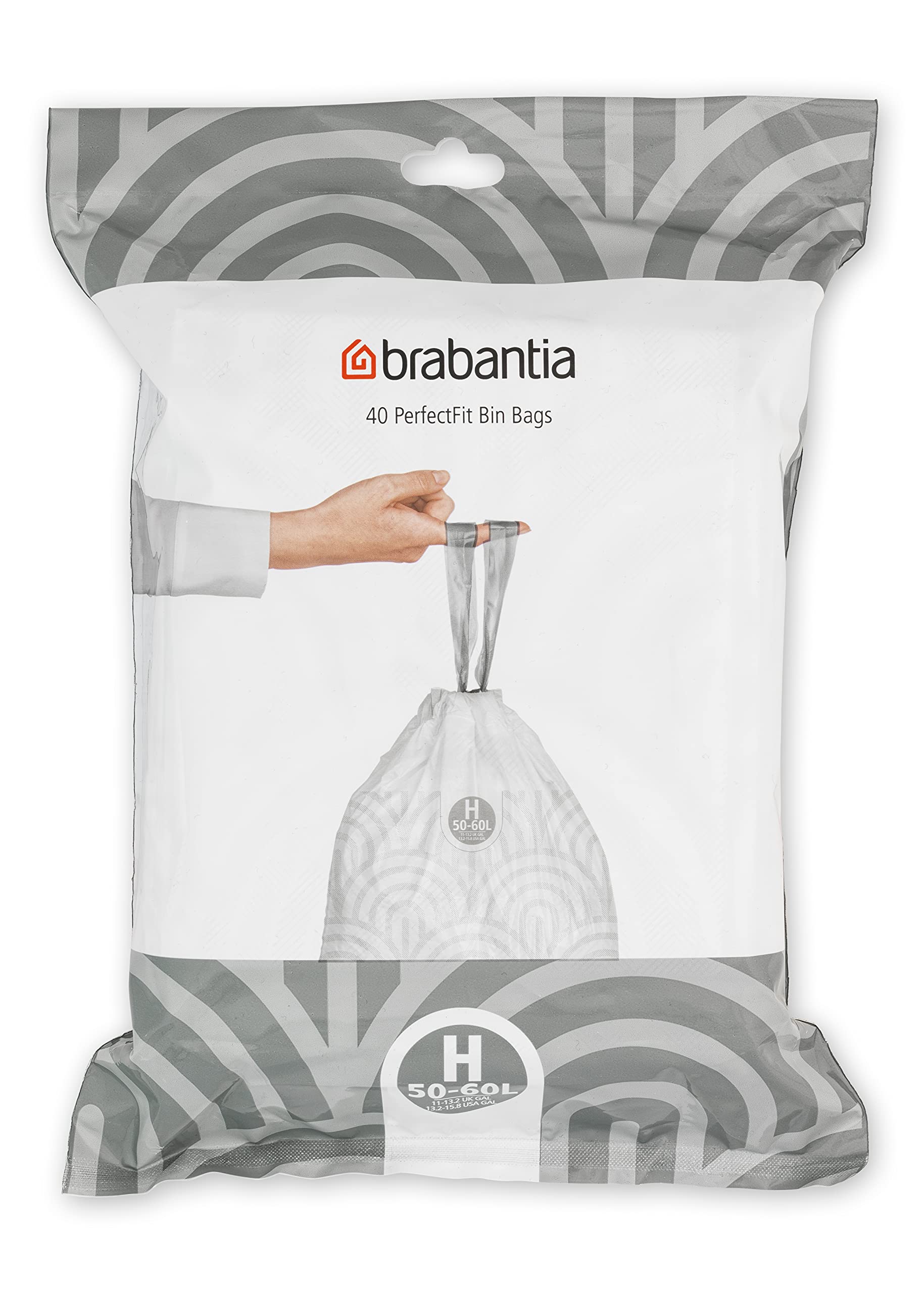 Brabantia PerfectFit Bin Liners (Size H/50-60 Litre) Thick Plastic Trash Bags with Tie Tape Drawstring Handles (40 Bags)