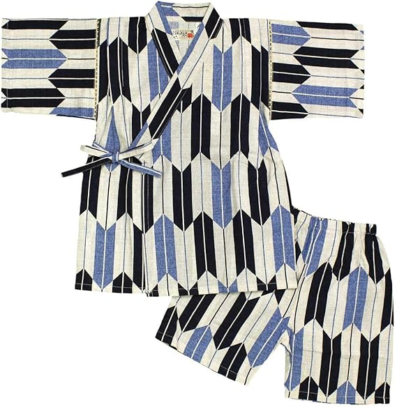 Amazon Co Jp 甚平 キッズ 男の子 綿100 おしゃれ 可愛い 上下セット 日本製生地 祭り 花火 暑さ対策 ボーイズ 男児 レトロ 和柄 矢絣柄 1サイズ ネイビー ファッション