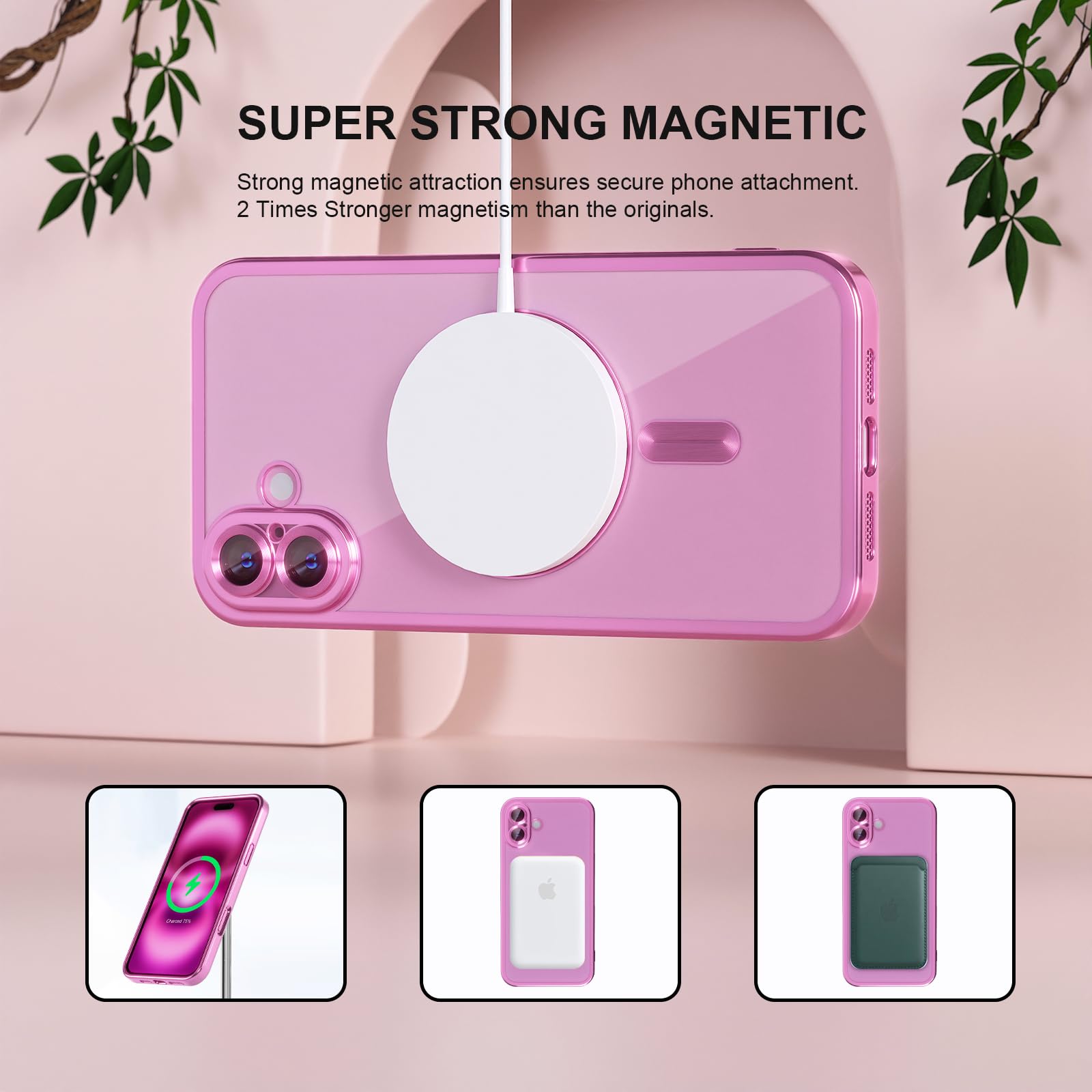 Misea Magnetic iPhone 16 Plus Case with MagSafe, Never Yellowing | Military Grade Drop Protection | Full Camera Lens Protector | Plating Soft Clear Phone Case | for Women Girls | 6.7 inch | Hot Pink