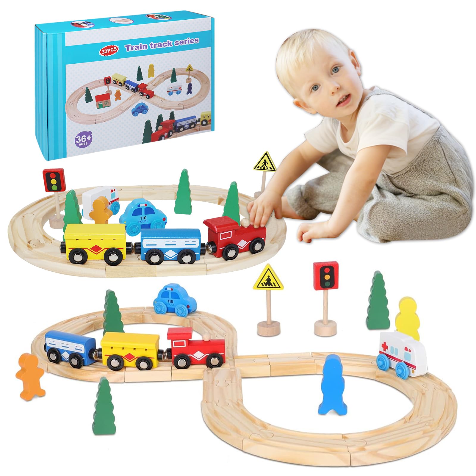 Photo 1 of 33Pcs Magnetic Wooden Train Set - Expandable Tracks Fit Thomas Brio - Educational Toy Fosters Imagination, Creativity, Logical Thinking, Ideal Birthday for Toddlers Kids Ages 3-6