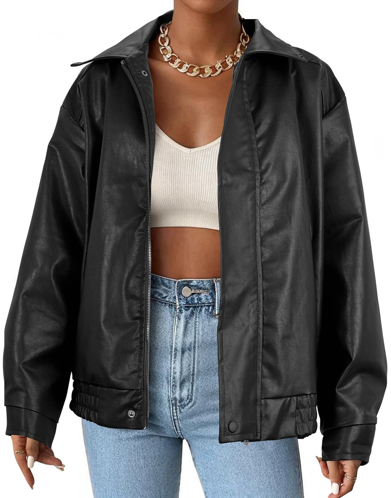 Photo 1 of (Major use, needs cleaning) Womens Faux Leather Jacket Black Bomber Vintage Pleather Jacket Oversized Leather Blazer Motorcycle Jacket Biker Jacket Coat Black S