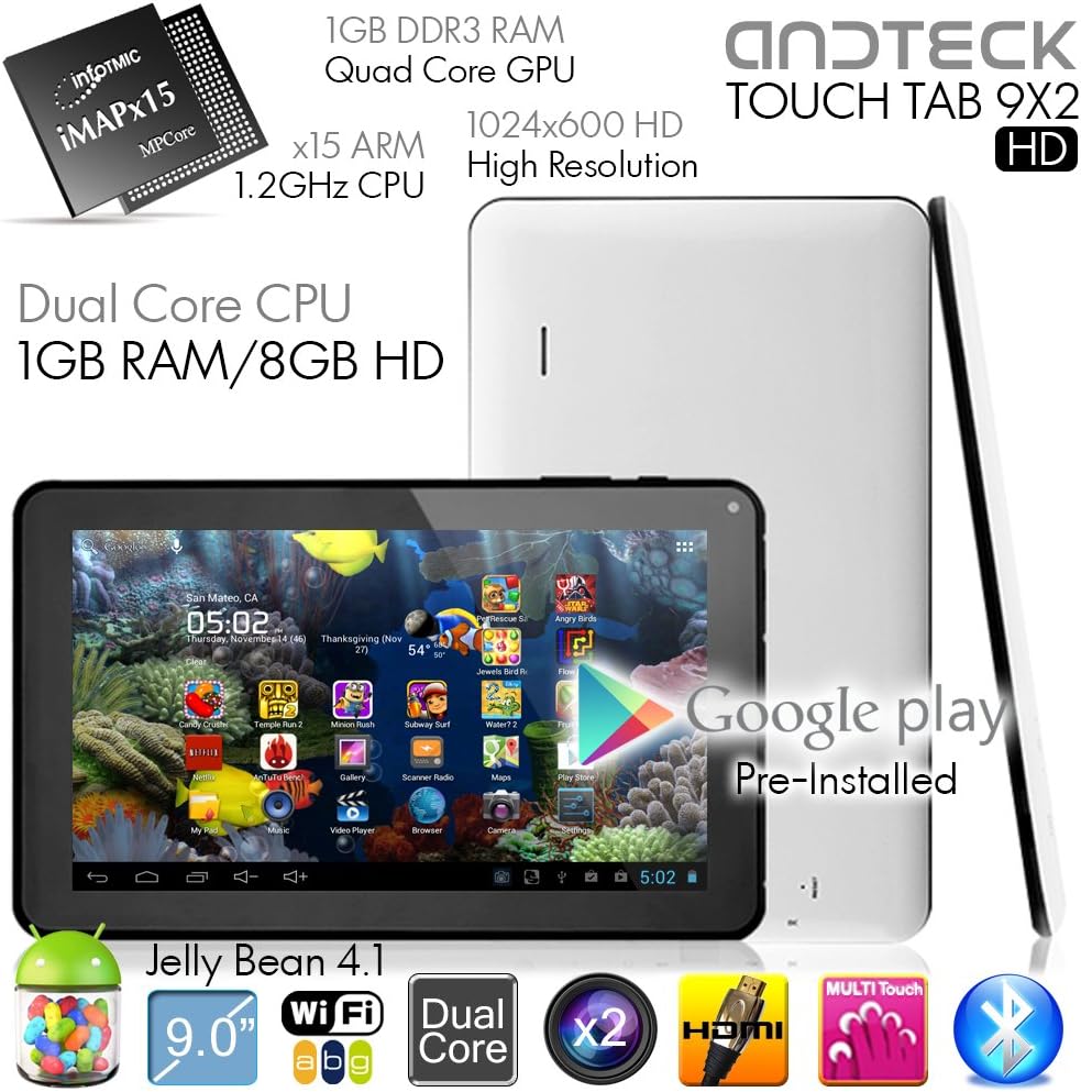 TouchTab 9 in Dual Core 8GB Google Android Jelly Bean Tablet PC, HDMI, Bluetooth, HD 1024x600, 1GB DDR3 RAM, Quad Core GPU, Dual Cameras [Nov 2013] (TouchTab 9X2HD White)