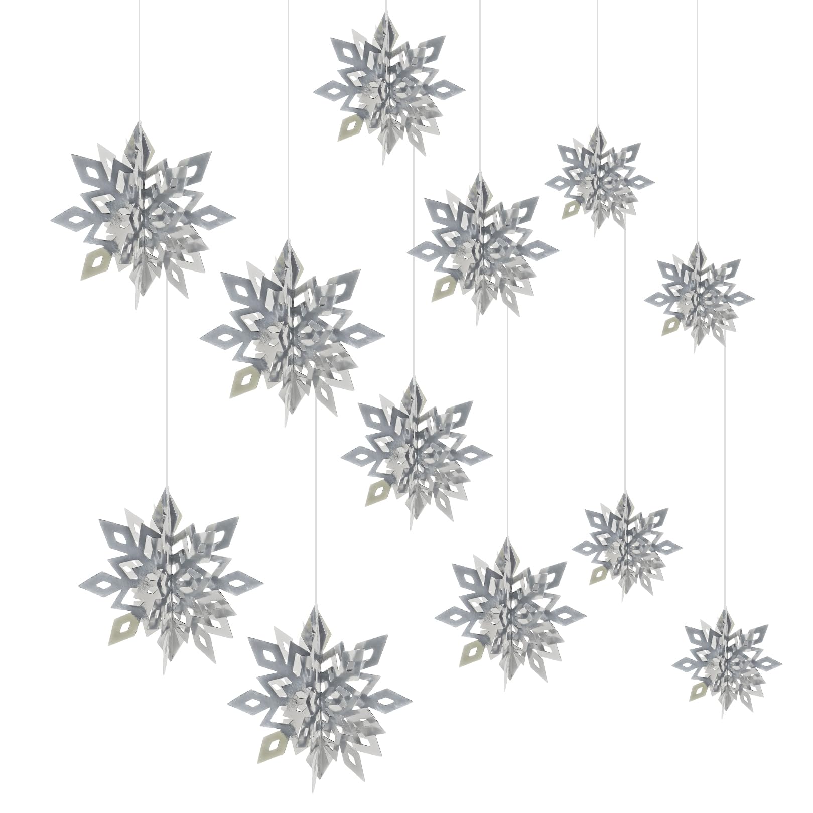 12 Pcs Christmas Snowflake Hanging Swirls Decoration Christmas Ceiling Decorations,Silver 3D Snowflake Ceiling Swirls Hanging Ornaments for ChristmasTree Xmas New Year Party CeilingWall Decor