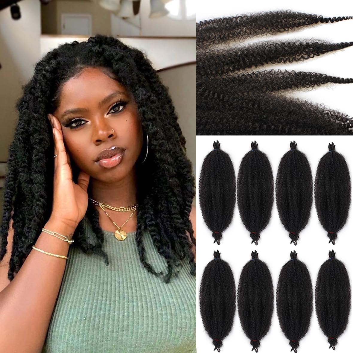 Leeven 16 Inch Springy Twist Hair for Afro Marley Locs 8 Packs Afro Kinky Curly Marley Braiding Hair Extensions Pre Separated Popping Spring Twist Crochet Hair for Distressed Locs /4# — image 1