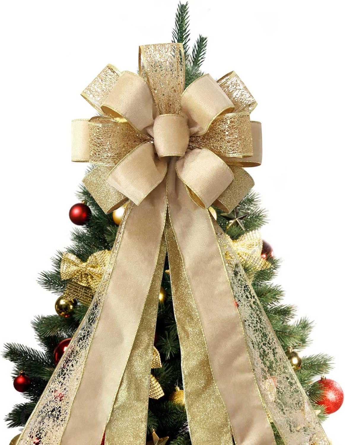 Tree Toppers - Christmas Tree Topper Bow, 43x13 Inches Large Toppers Bows for Christmas Tree, Glitter Satin Mesh Streamer and Wired Edge, Xmas Ornament Treetop Hanging Decorations & Gift