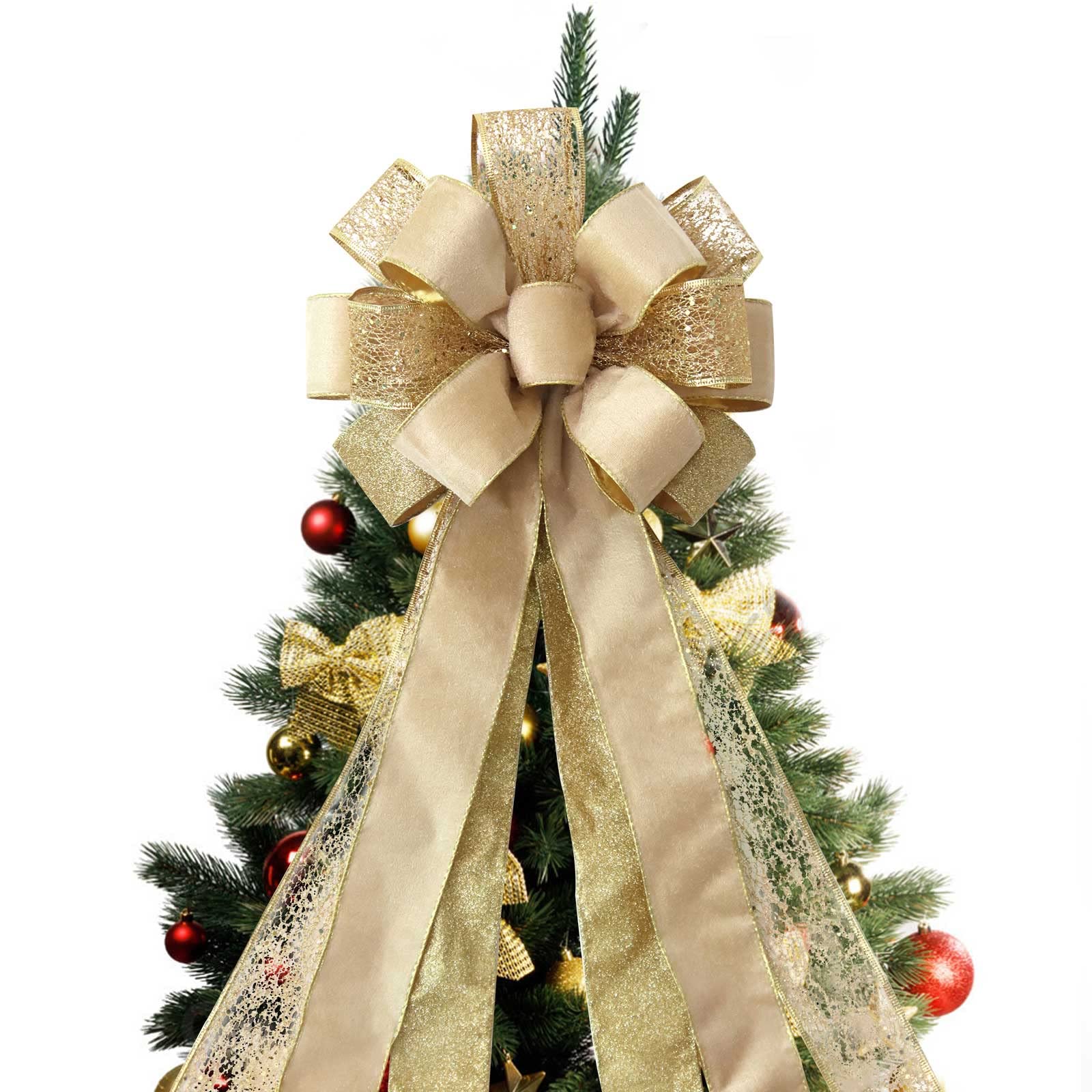 Photo 1 of Christmas Tree Topper Bow, 43x13 Inches Large Toppers Bows for Christmas Tree, Glitter Satin Mesh Streamer and Wired Edge, Xmas Ornament Treetop Hanging Decorations & Gift