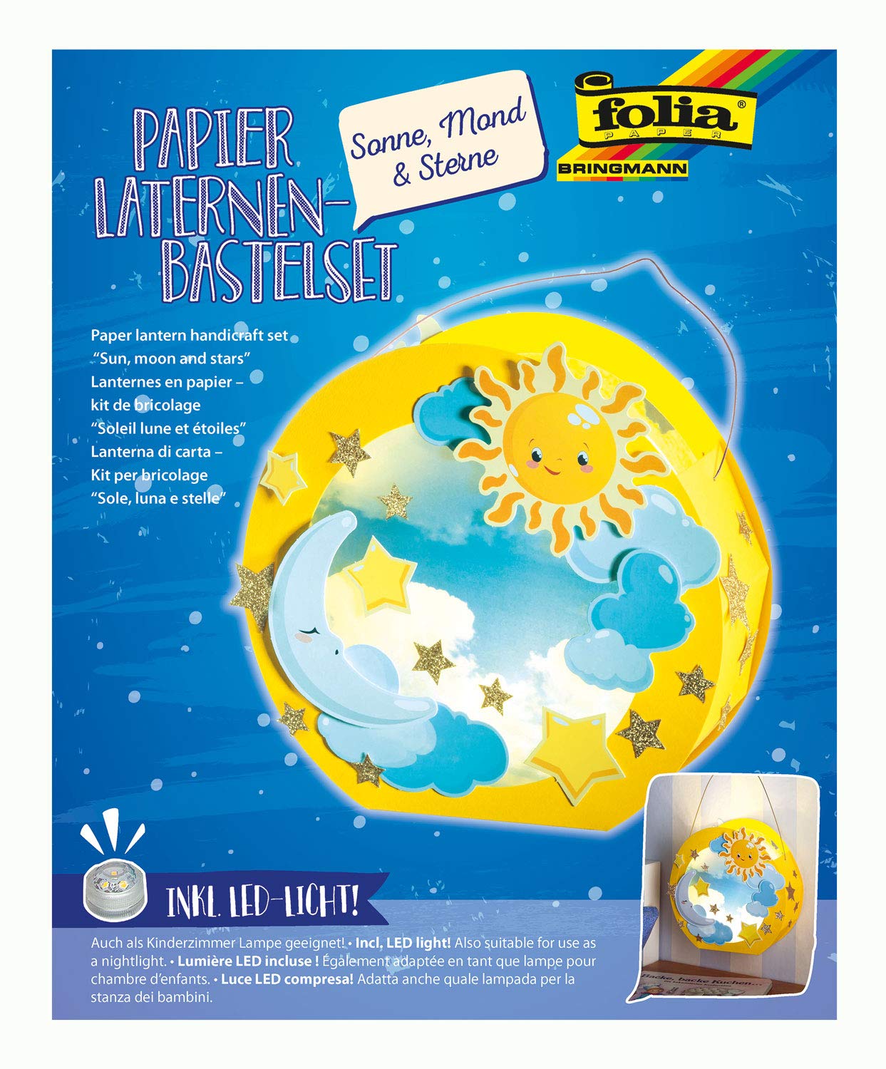 Folia 68101 Craft Lantern Set Sun, Moon and Stars Includes Lantern Stick and LED Light Multi-Coloured