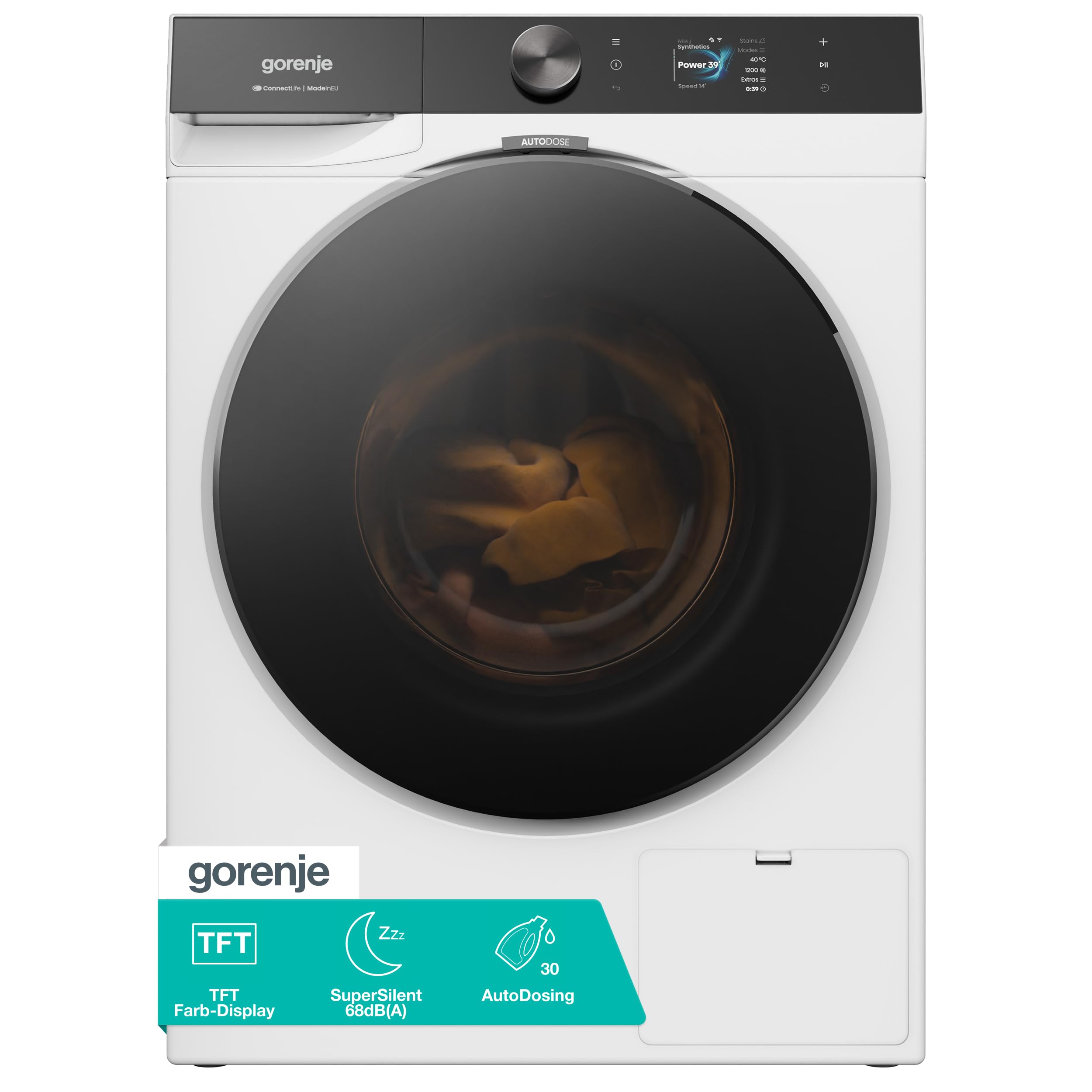 Gorenje WG814A5T4 Waschmaschine mit Dampffunktion, 10kg, 1400 U/Min, 20 Programme, TFT Farb-Display, SuperSilent 68 db(A), AutoDosing, UltraClean, FastWash Pro, ConnectLife, ShoeWash, EEK A, Weiß
